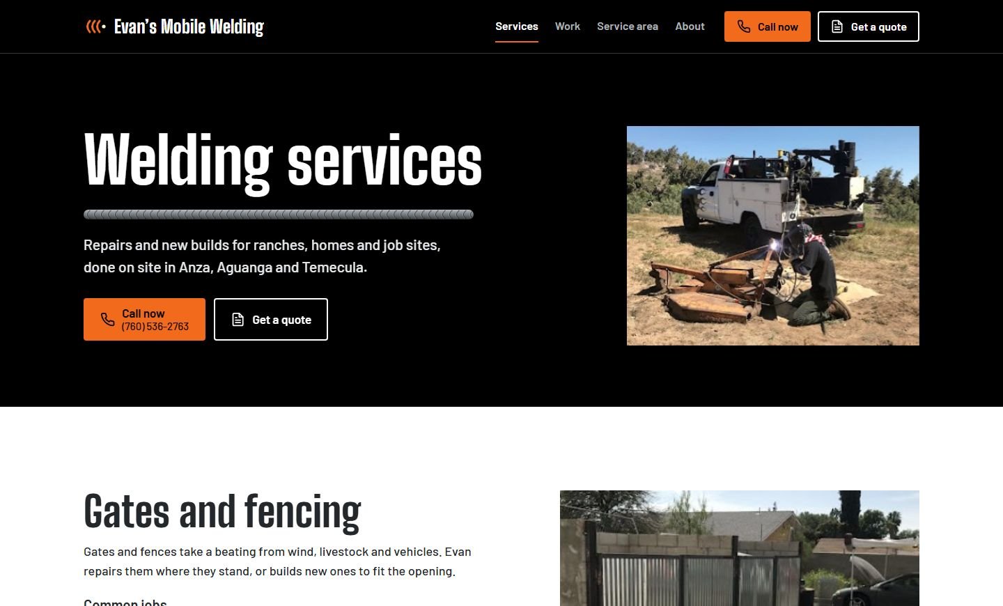 The services page of Evan's Mobile Welding website: a bold black header, the title Welding services, and a photo of Evan welding a mower deck next to his work truck.